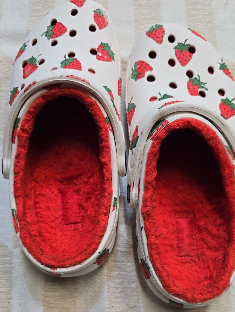CROCS White Clogs with Red Strawberry Print and Red Lining - Picture 2 of 5